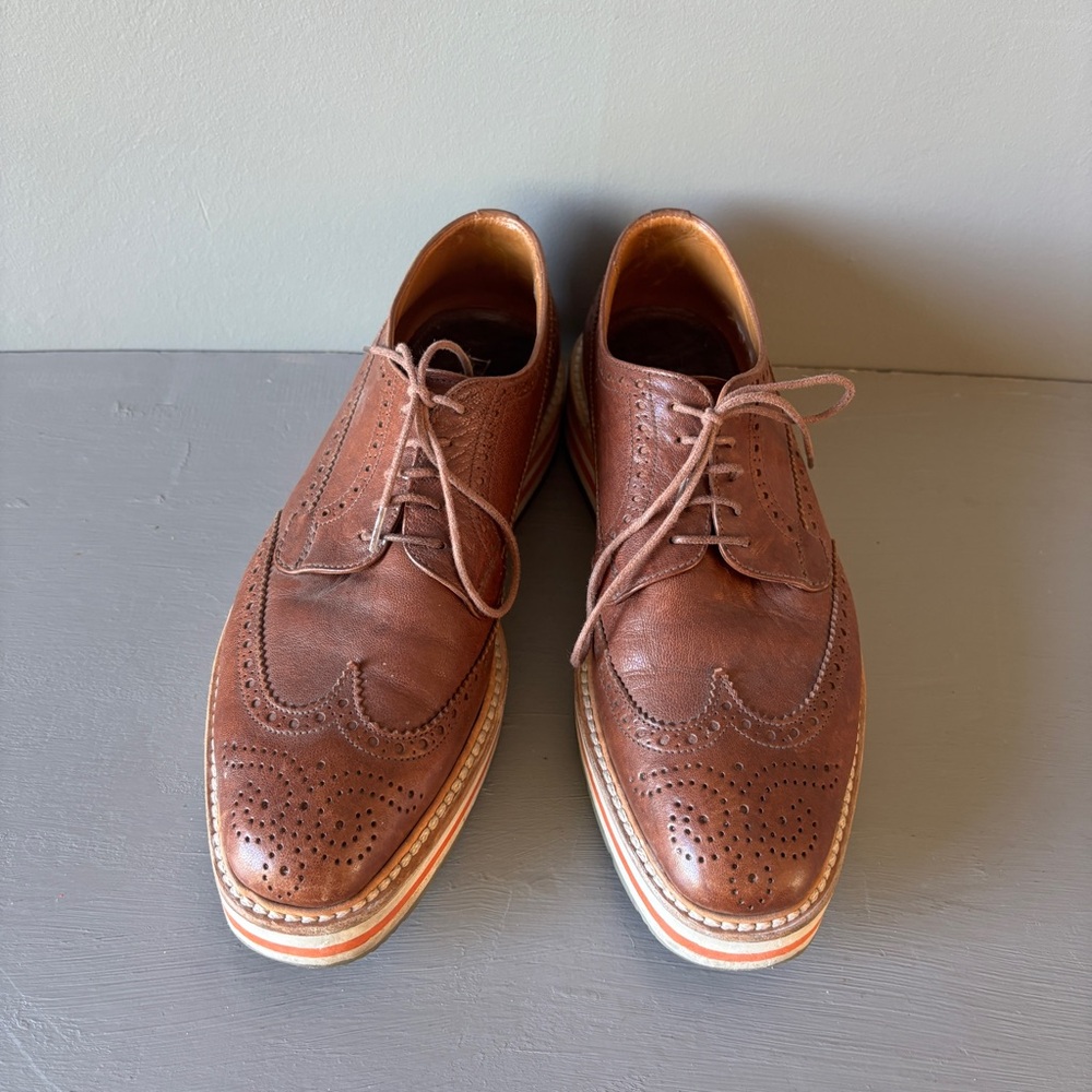 Prada Men's Brown Leather Wingtip Shoes with Striped Platform Sole - Picture 7 of 13